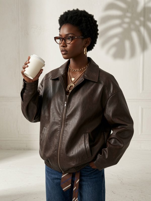 grok-image-0246fe2e-ed2c-421c-913b-359bb3b6b3a8 Aurora Jacket – Women's Coffee Brown Faux Leather Jacket | Woven Leather Look Autumn & Winter Coat