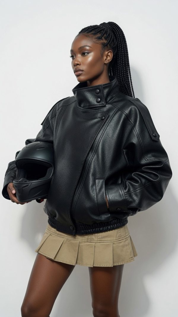 grok-image-0b872fea-1b69-4691-b45a-9c061893408c The Nova Jacket – Women’s Oversized Faux Leather Jacket – Minimalist Streetwear